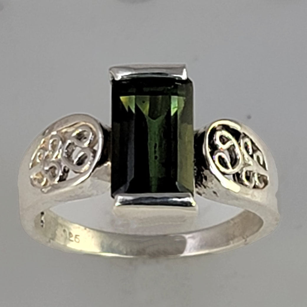 Green Tourmaline 2.9 ct Emerald Cut Fancy Band Sterling Silver Ring, Size 6.75