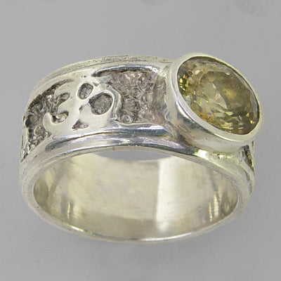 Yellow Zircon 4 ct Faceted Oval Bezel Set Sterling Silver Aum Band Ring, Size 10.5