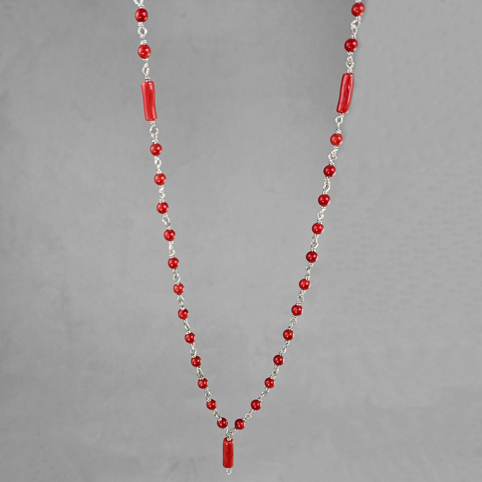 Mars Mala - Red coral 5mm Round AA with Tube Counter Beads 1/2 Mala on Sterling Silver Wire