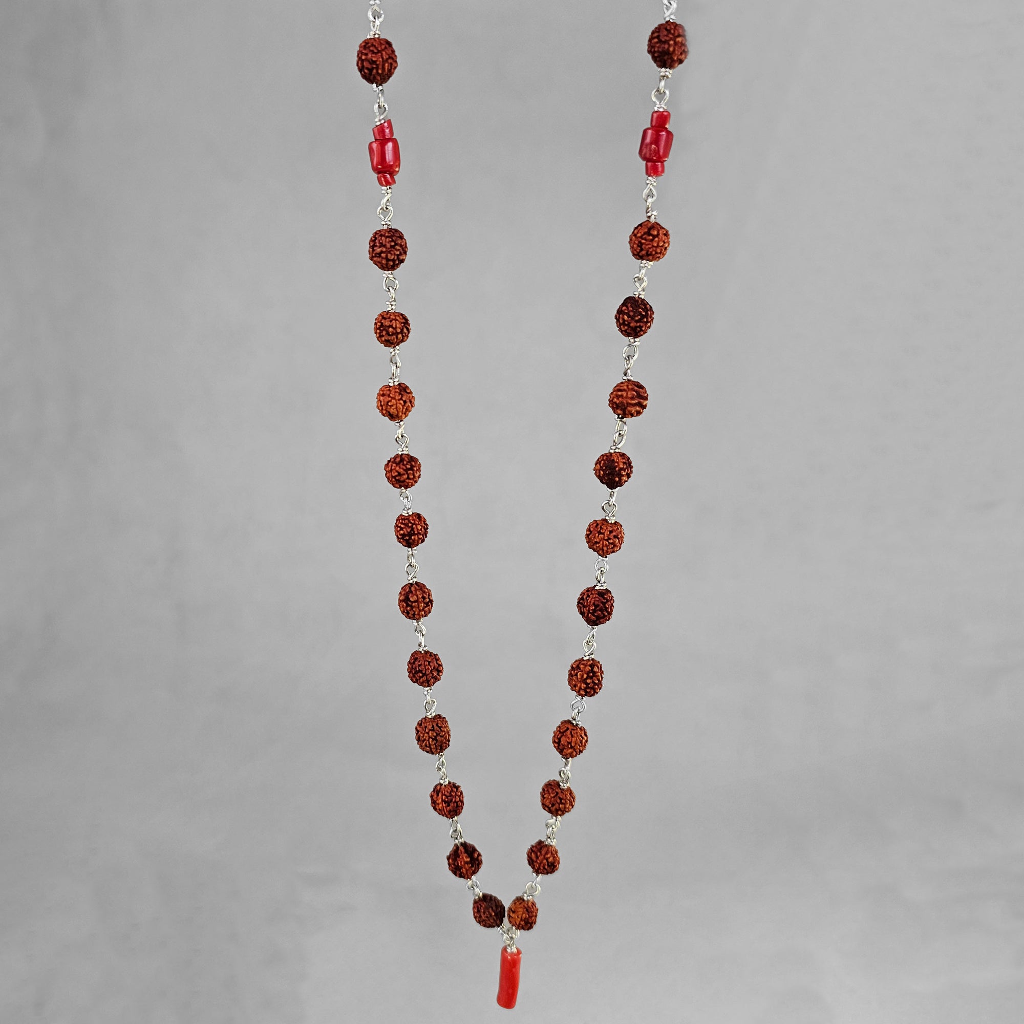 Mars Mala - Rudraksha Beads with Red coral 1/2 Mala on Sterling Silver Wire