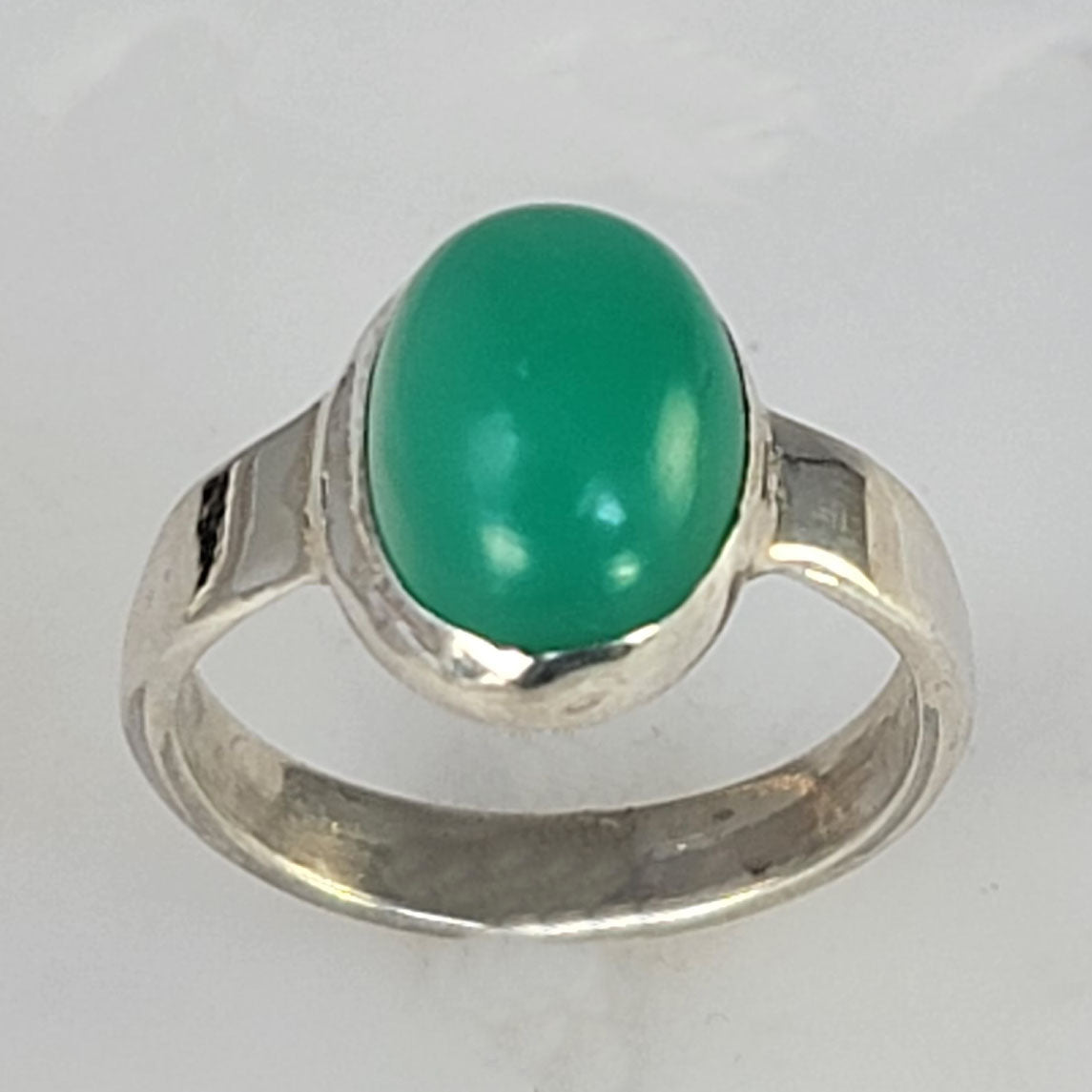 Chrysoprase 6.2 ct Oval Cab Bezel Set Sterling Silver Ring, Size 8