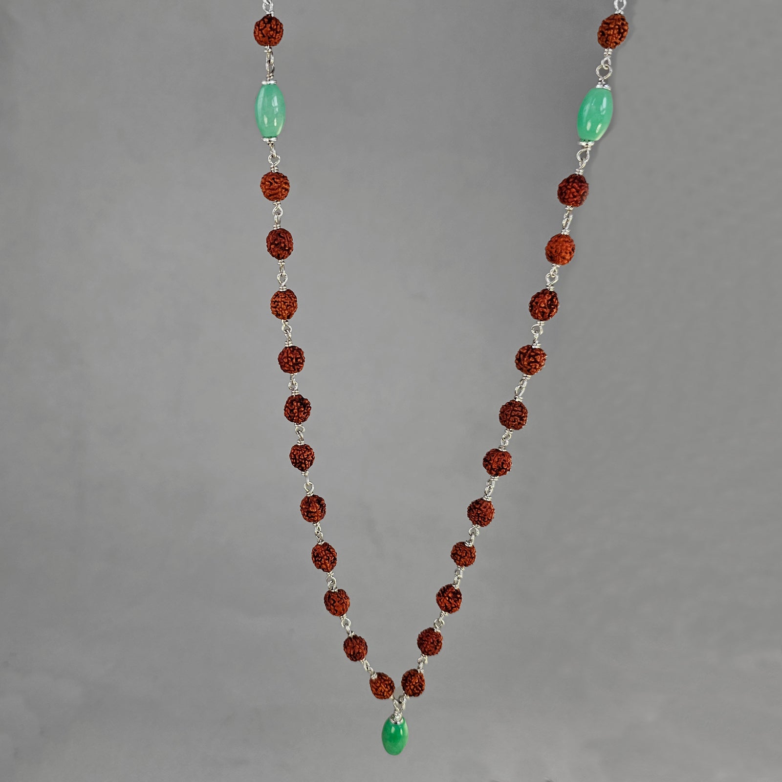 Mercury Mala - Rudraksha Beads with Jade 1/2 Mala on Sterling Silver Wire