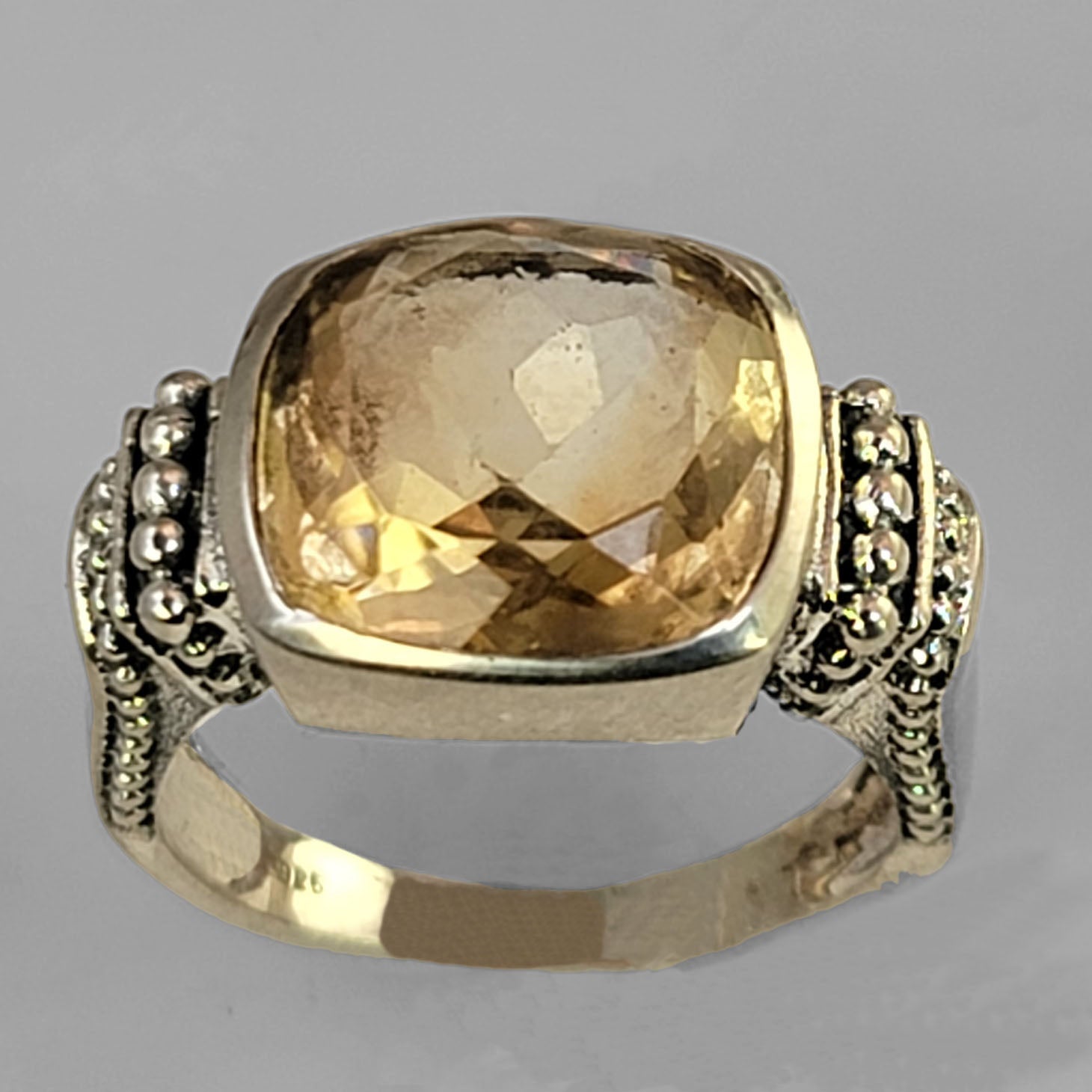 Citrine 7 ct Antique Square Bezel Set Sterling Silver Ring, Size 8