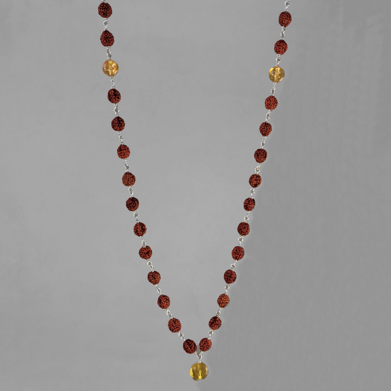 Jupiter Mala - Rudraksha Beads with Citrine 1/2 Mala on Sterling Silver Wire