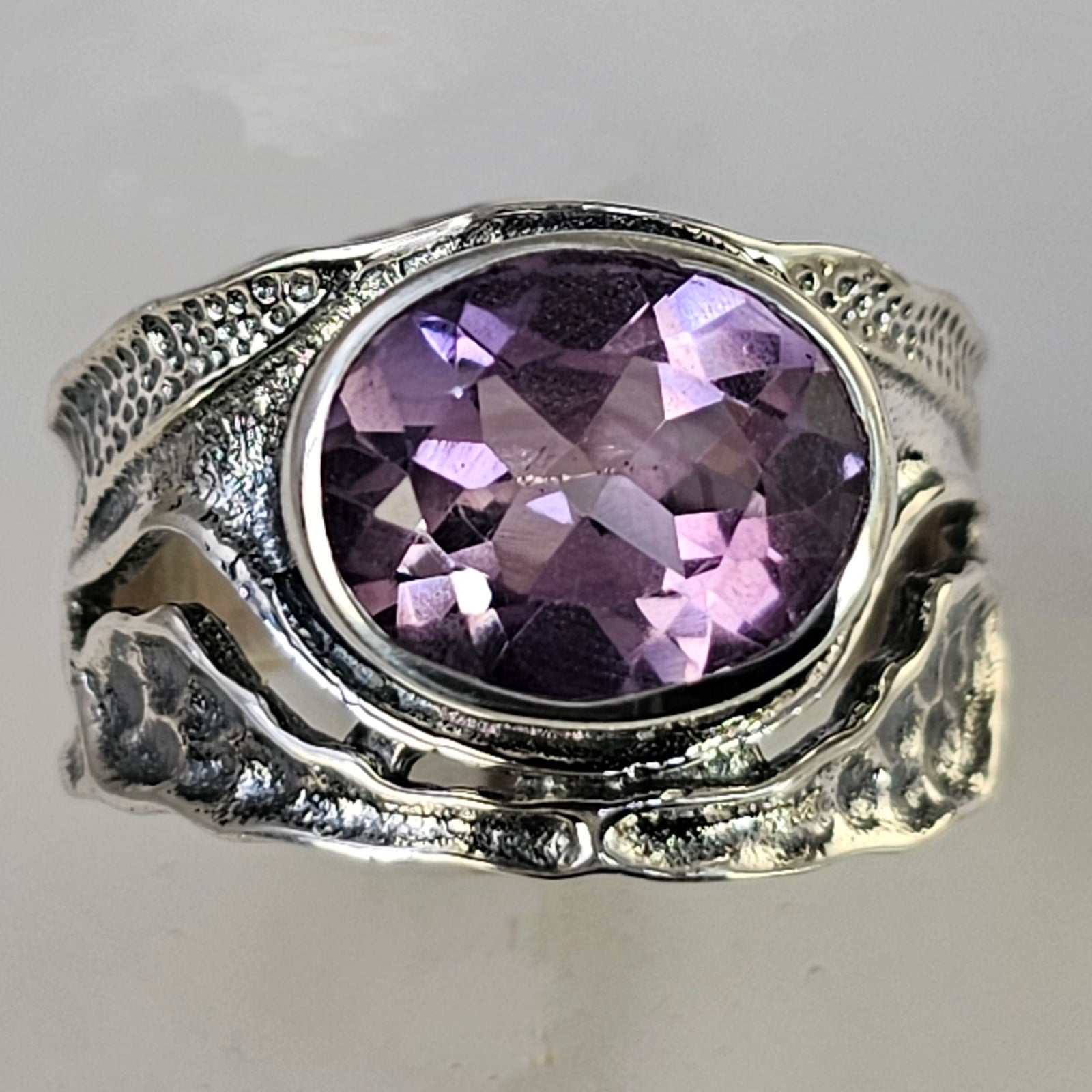 Amethyst 3.5 ct Oval Bezel Set Sterling Silver Ring, Size 9