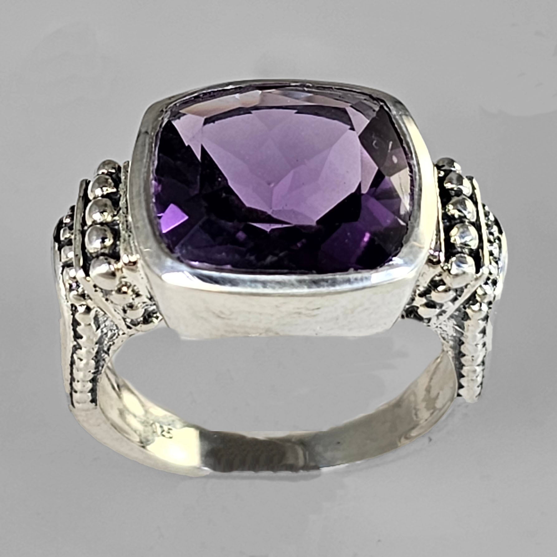 Amethyst 7 ct Antique Square Bezel Set Sterling Silver Ring, Size 8