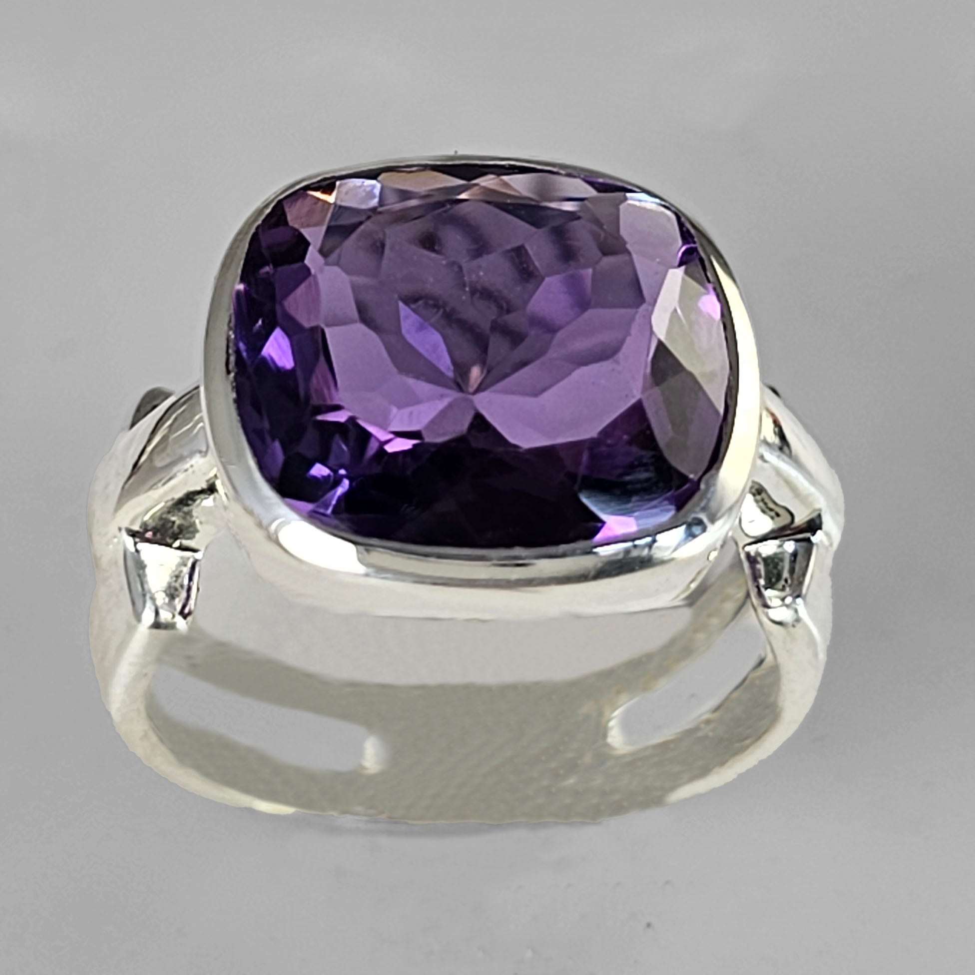 Amethyst 9.75 ct Square Cushion Cut Bezel Set Sterling Silver Ring, Size 7