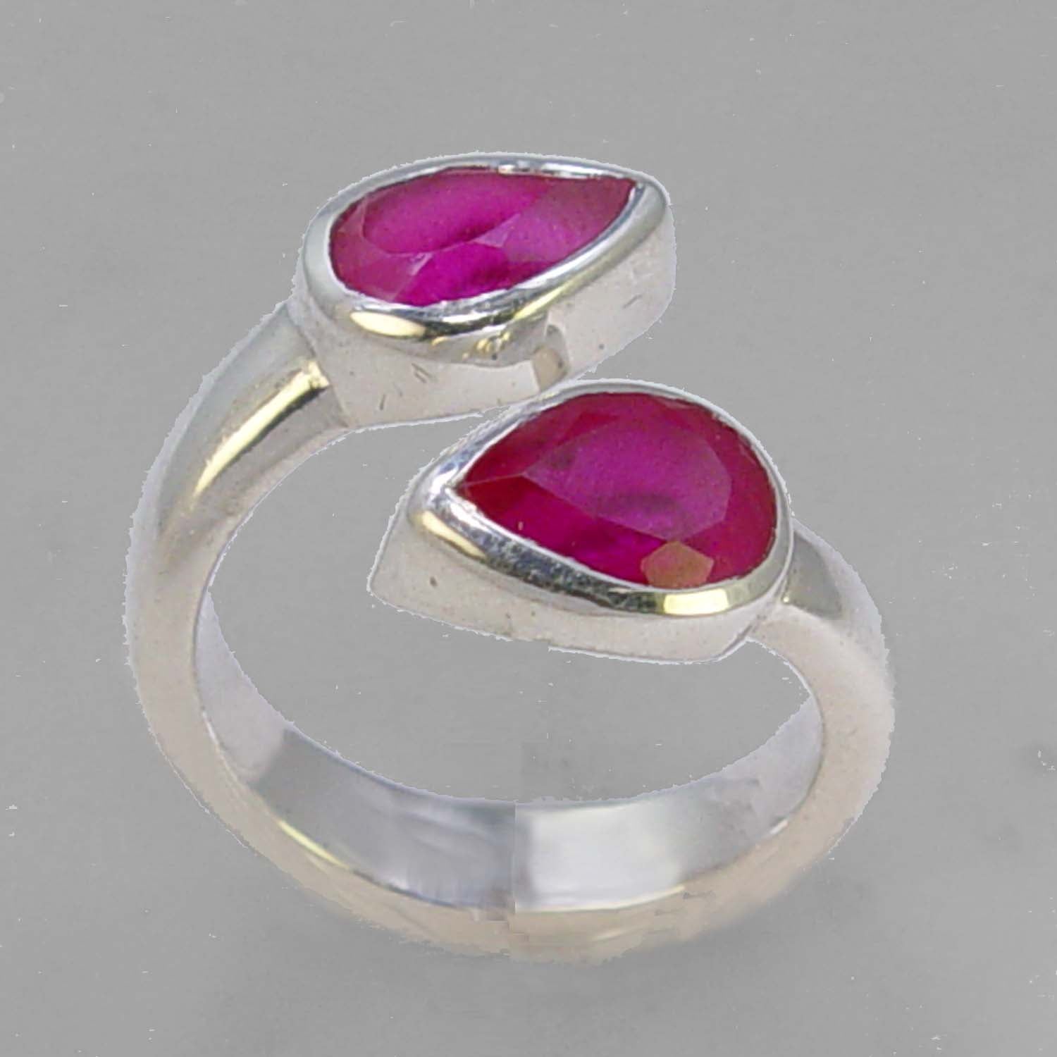 Ruby 3 ctw Faceted Pear Cut Sterling Silver Ring, Size 7, Adjustable