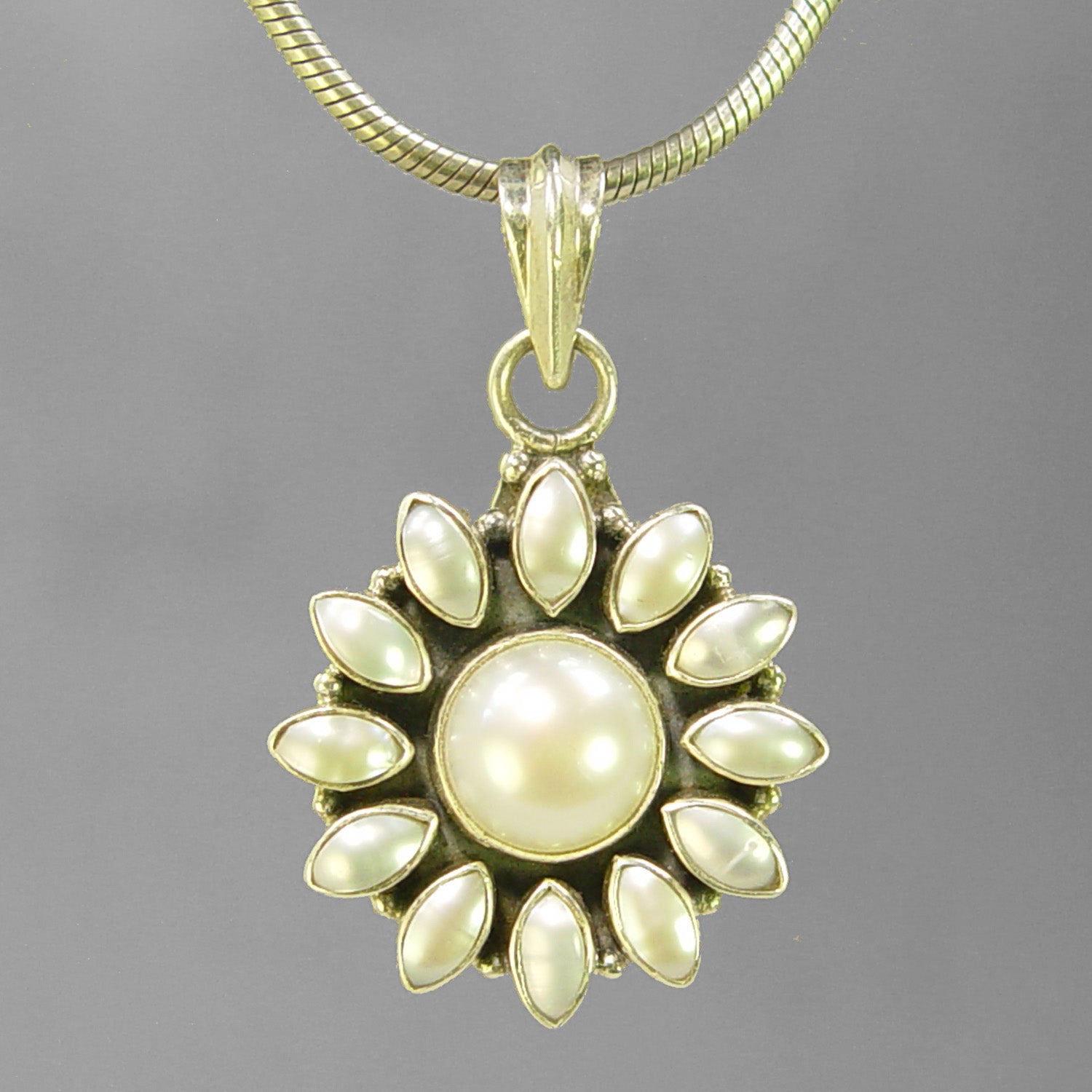 Pearl 6 ct Bezel Set With 12 Small Pearls Sterling Silver Pendant