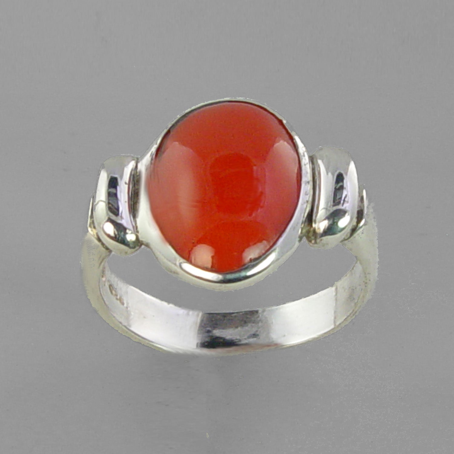 Red Coral 5.0 ct Cab Bezel Set Sterling Silver Ring, Size 7.5