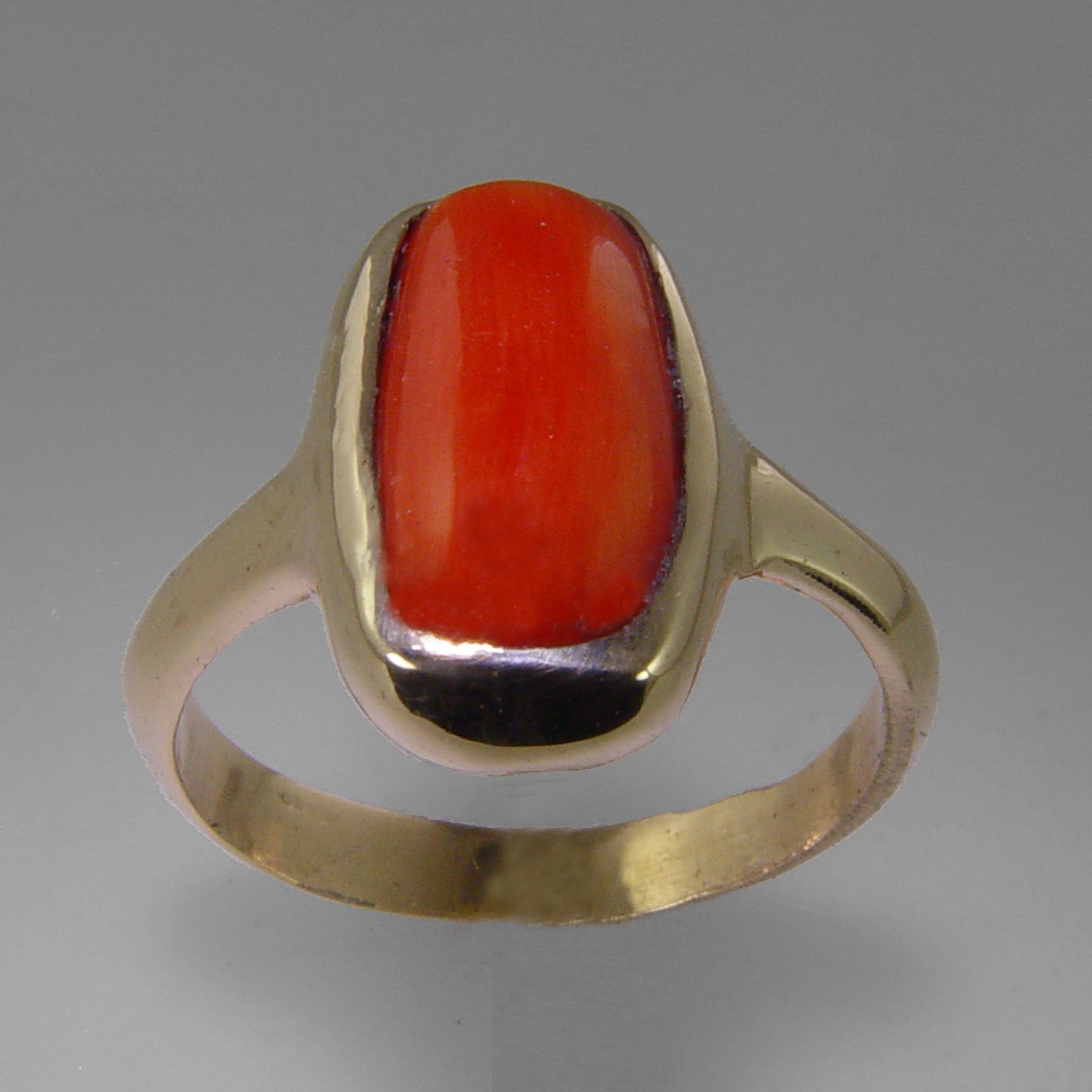 Red Coral 5.89 ct Cab Bezel Set 14KY Gold Ring, Size 8