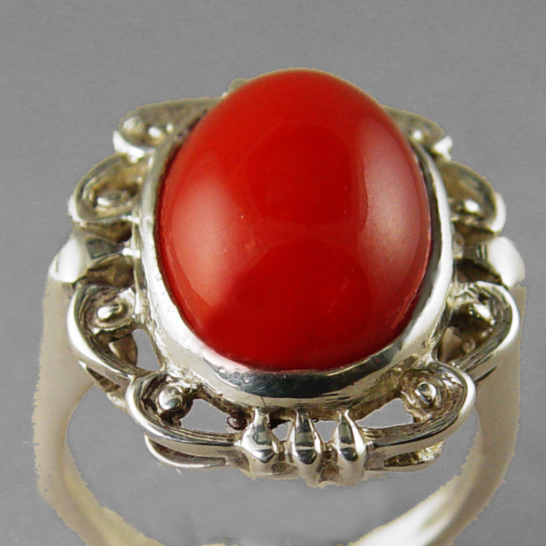 Red Coral 9.91 ct Cab Bezel Set Filigree Style Sterling Silver Ring, Size 6.25