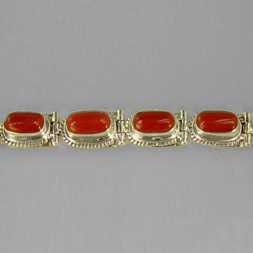 Red Coral Cabs Sterling Silver Link 6.75" to 8" Bracelet, 15 CTW