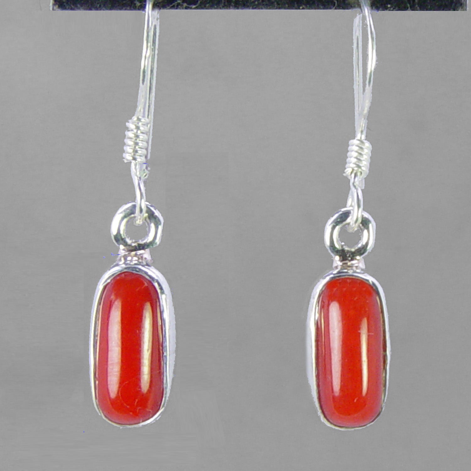 Red Coral Cab Bezel Set Sterling Silver Earrings