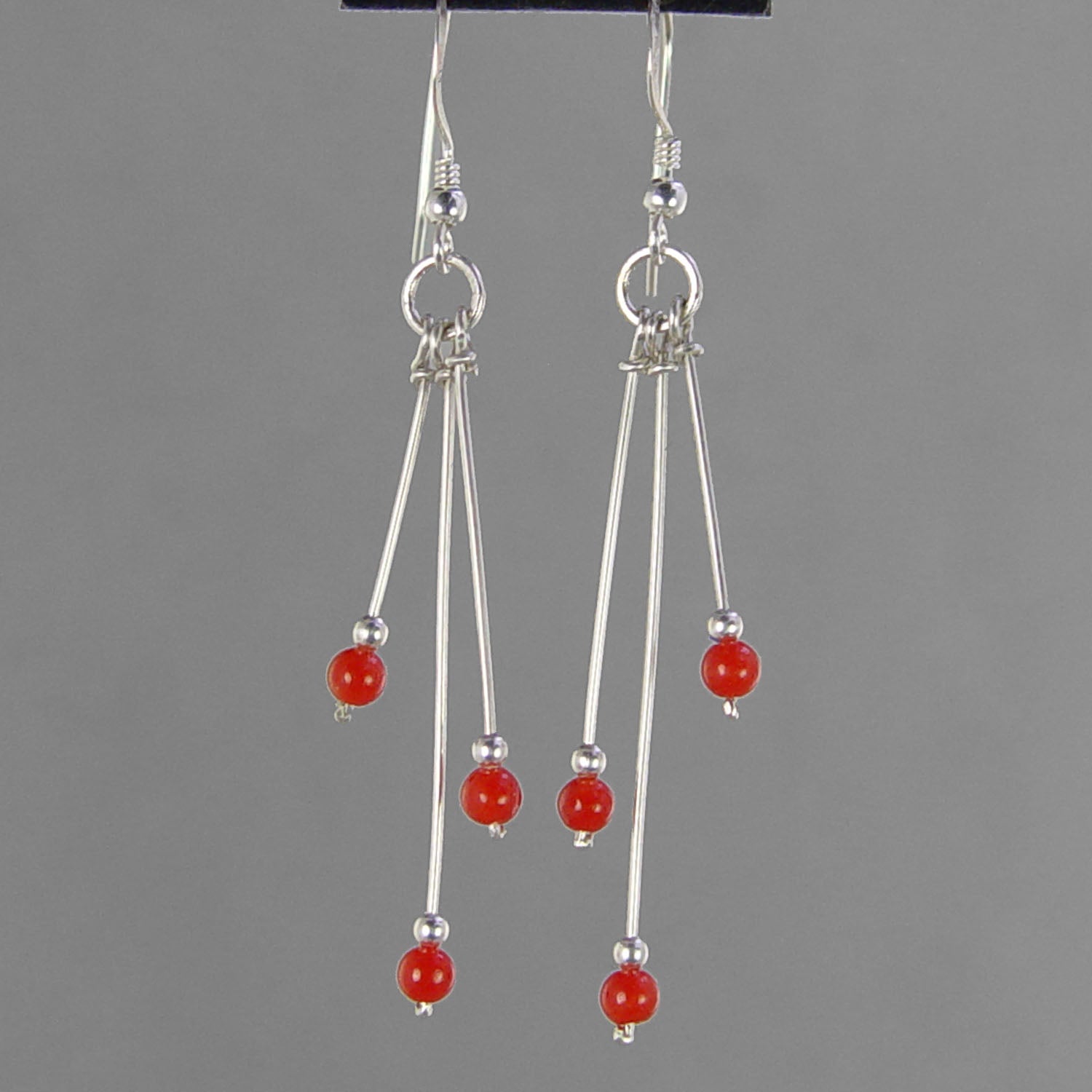 Red Coral Long Triple Dangle Earrings