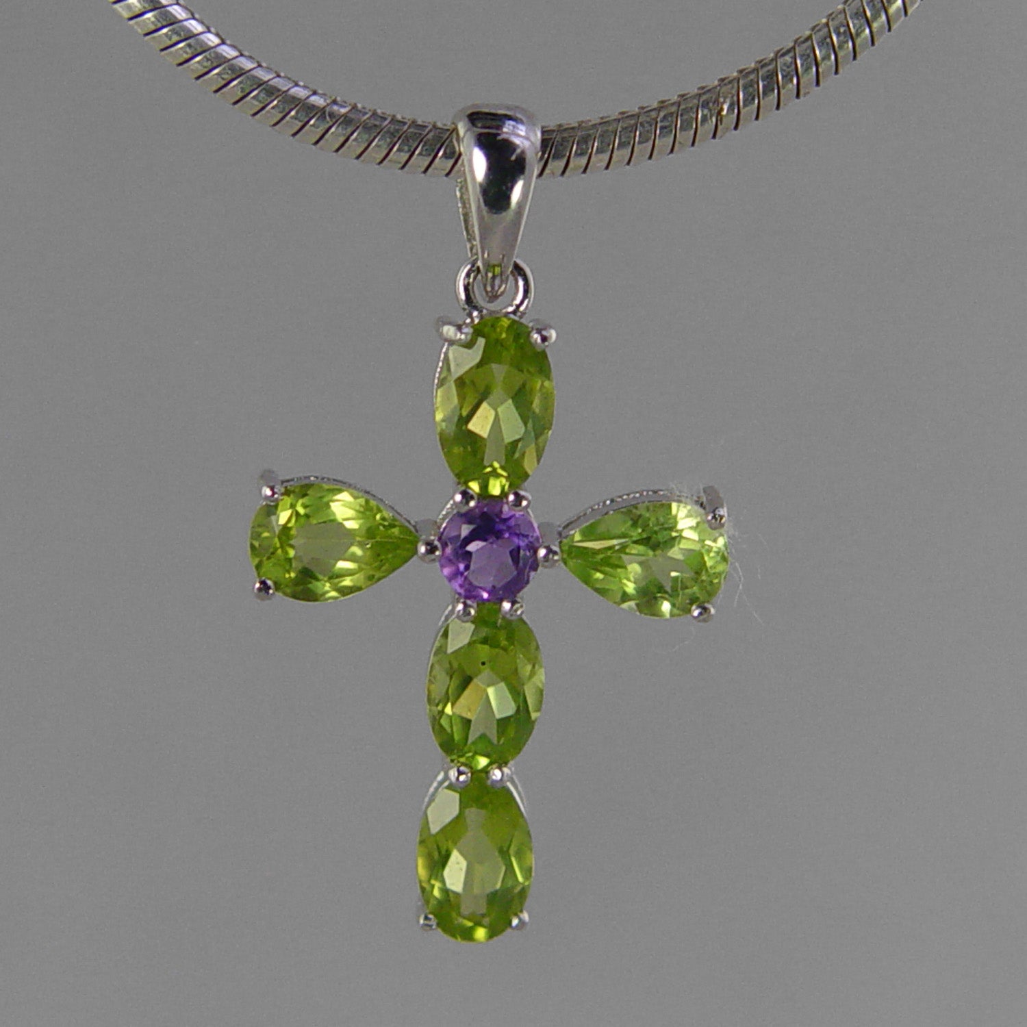 Peridot Pendant - Faceted Pear and Oval Peridot Cross in Sterling Silver