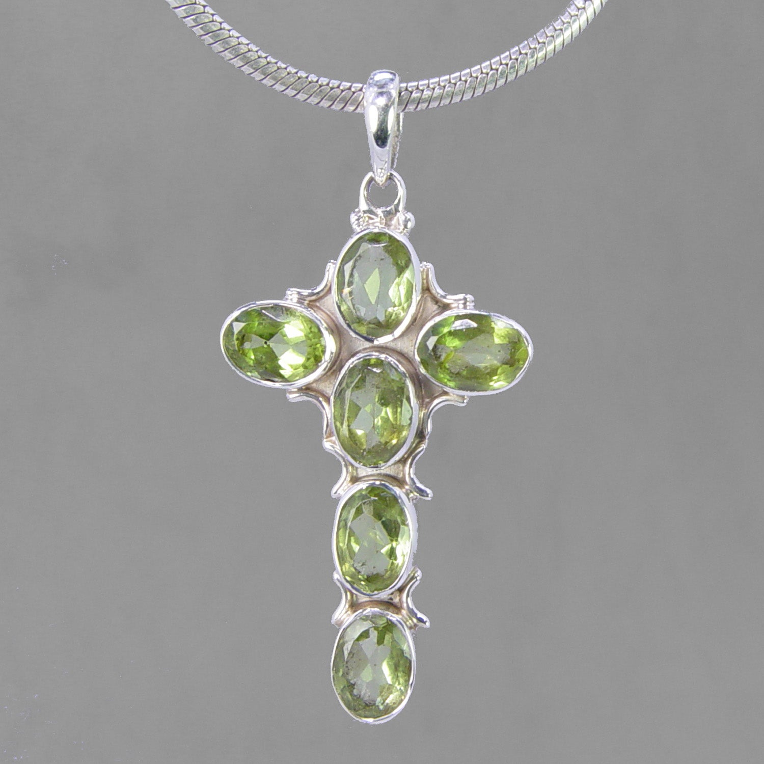 Peridot Cross 4 CTW 6 Faceted Ovals Bezel Set Sterling Silver Pendant