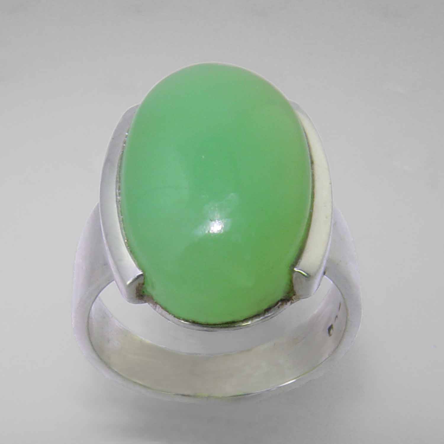 Chrysoprase 11.75 ct Oval Cab Semi Bezel Set Sterling Silver Ring, Size 6.5