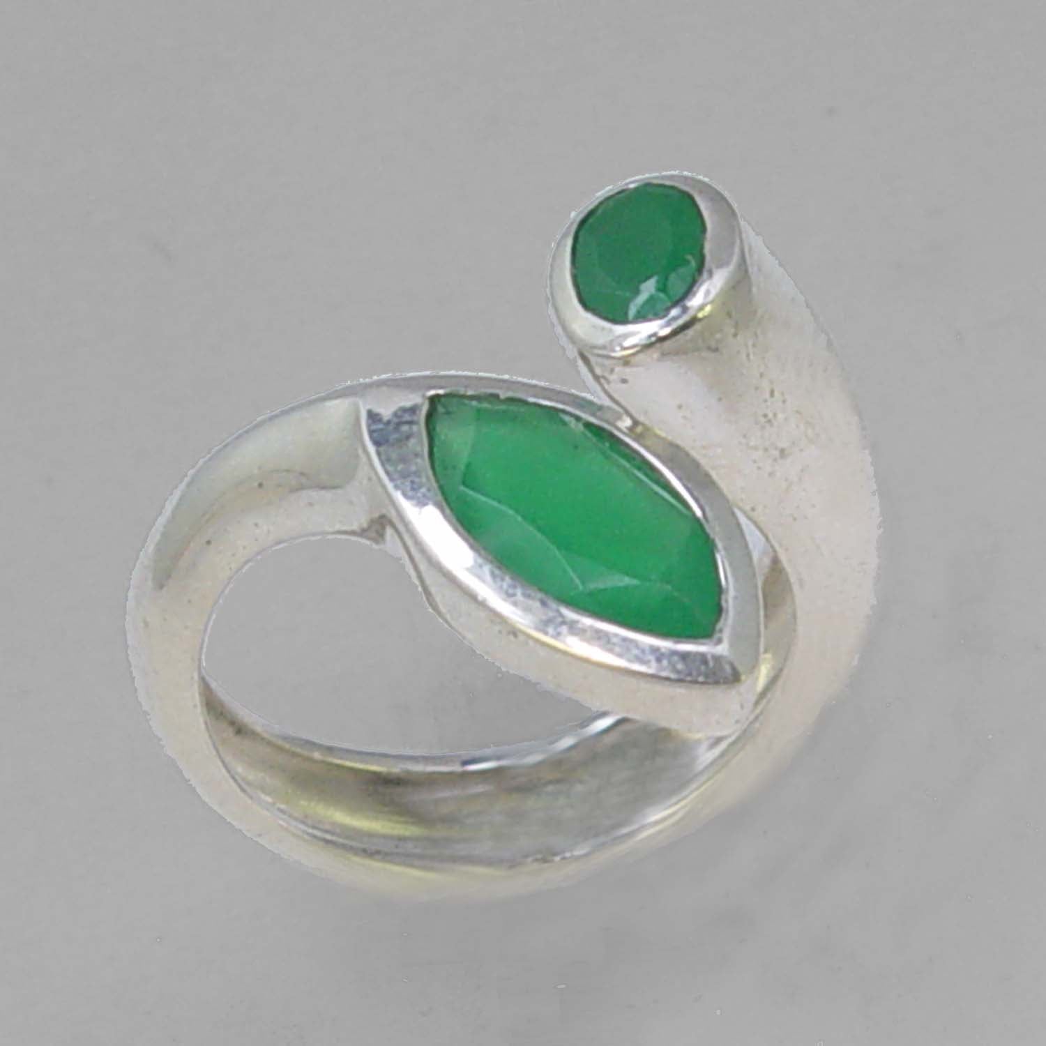 Emerald 2.0 CT Marquise Bezel Set Sterling Silver Offset Ring, Size 8, Adjustable Overlapping Band