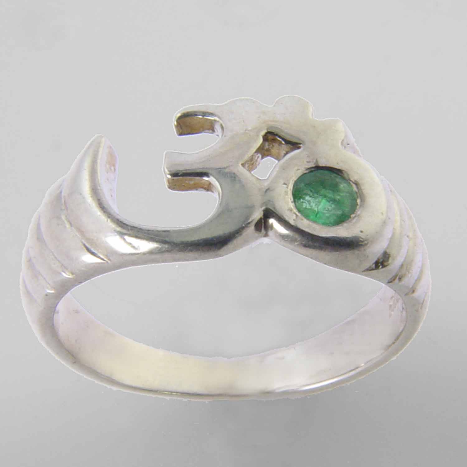 Aum Ring with Small Faceted Emerald in Sterling Silver, Size 6.5