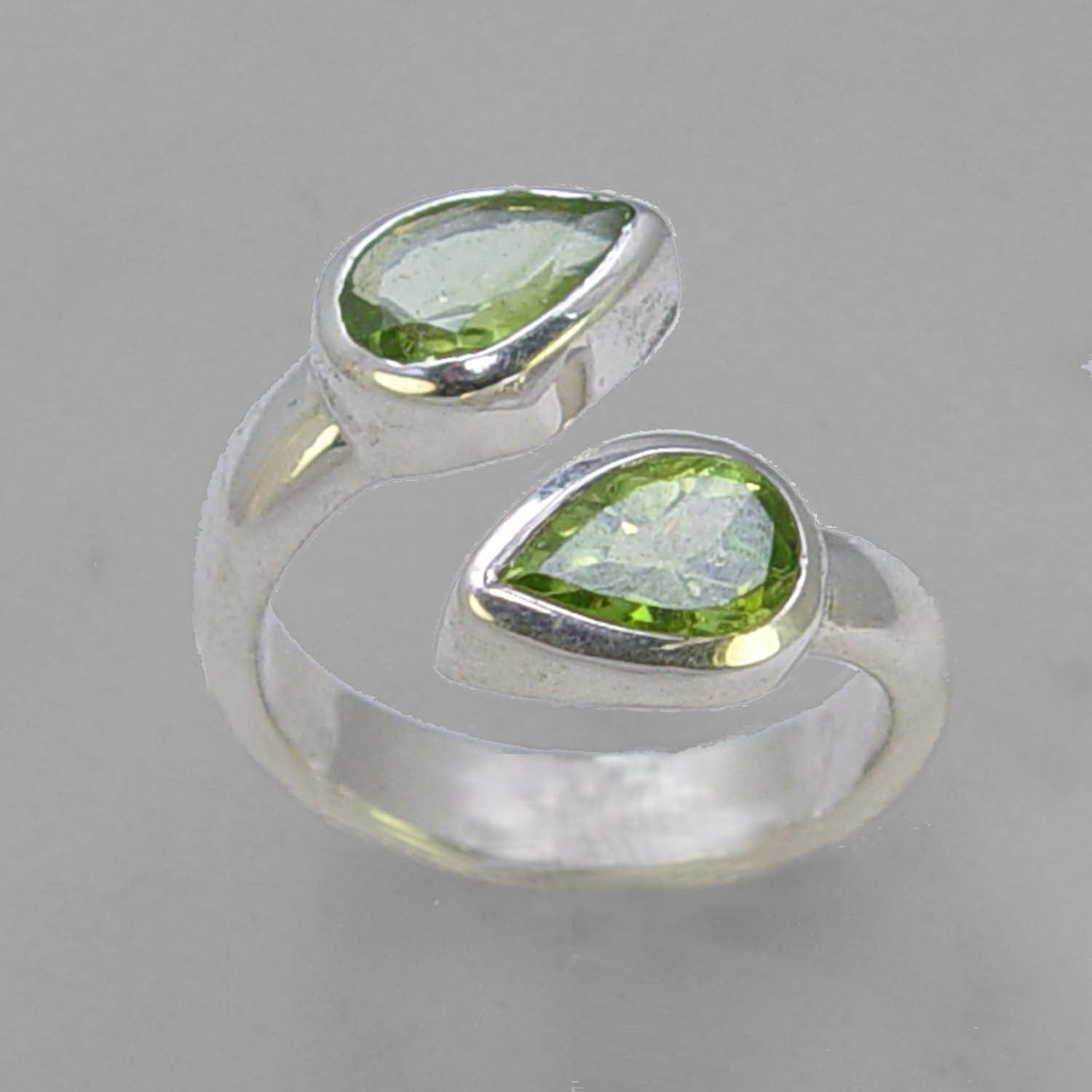 Peridot 3 ctw Pear(2) Bezel Set Sterling Silver Offset Ring, Size 8, ADJ