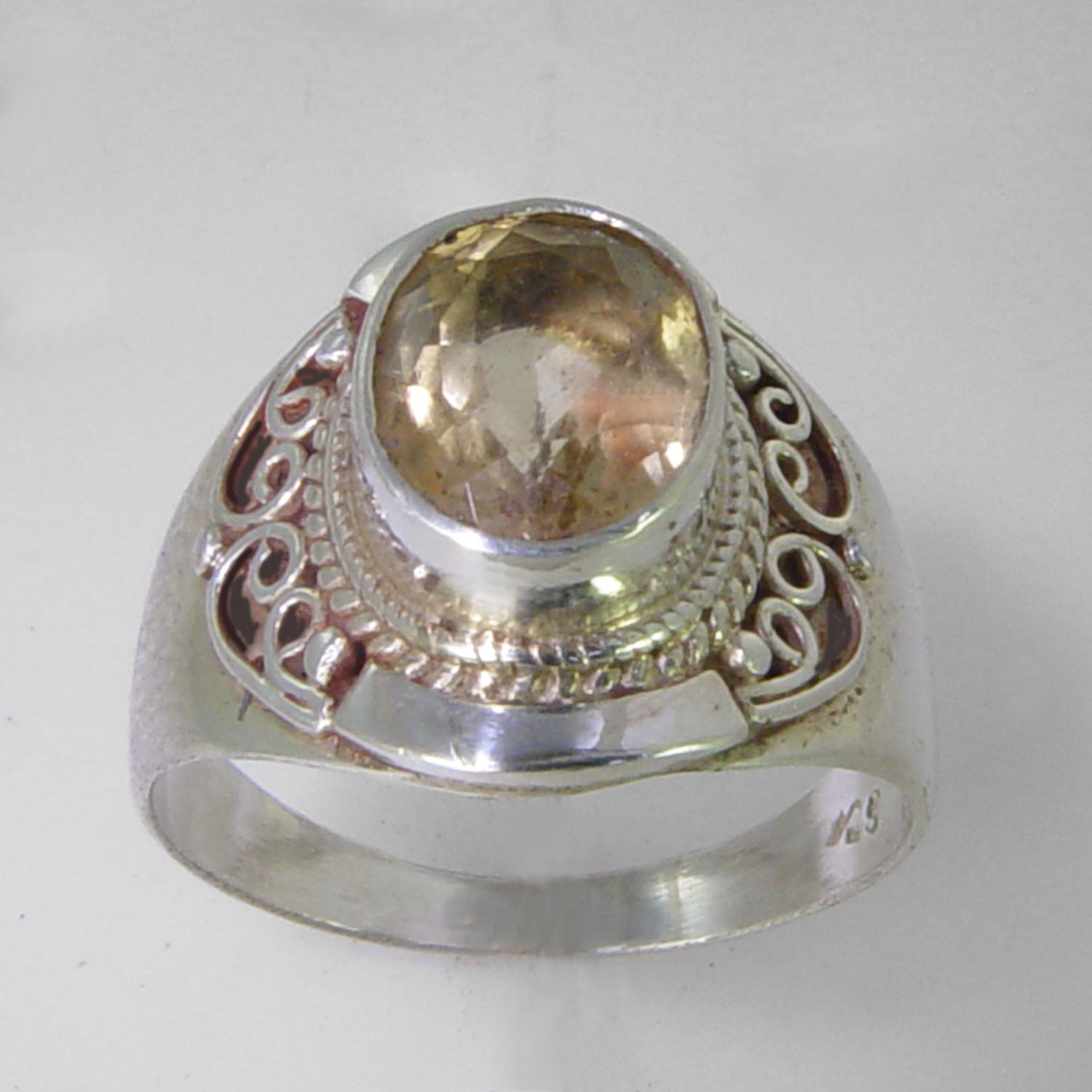 Citrine 2.5 ct Oval Bezel Sterling Silver Fancy Wire Design Shank Ring, Size 9