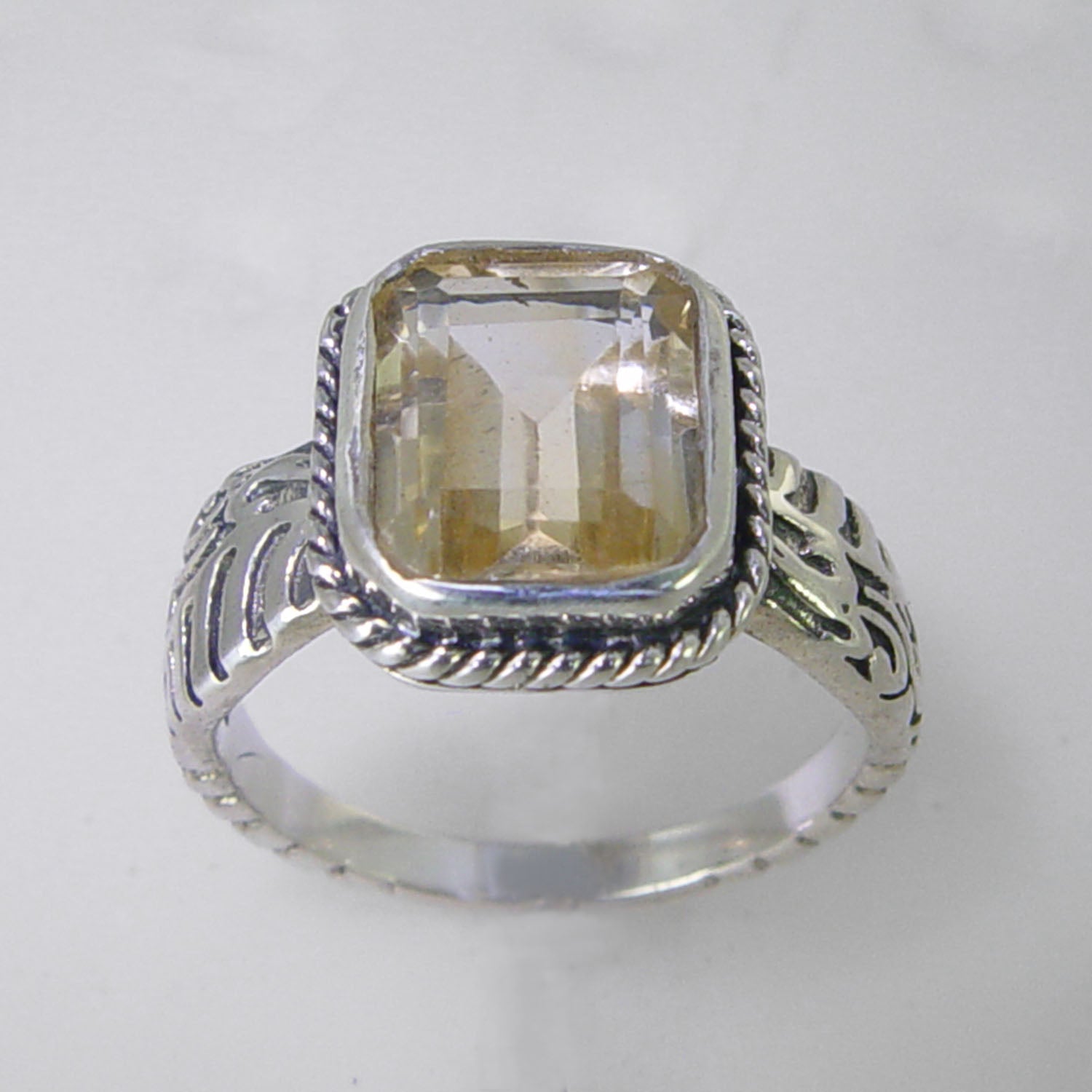 Citrine 3.2 ct Antique Emerald Bezel Set Sterling Silver Fancy Shank Ring, Size 7