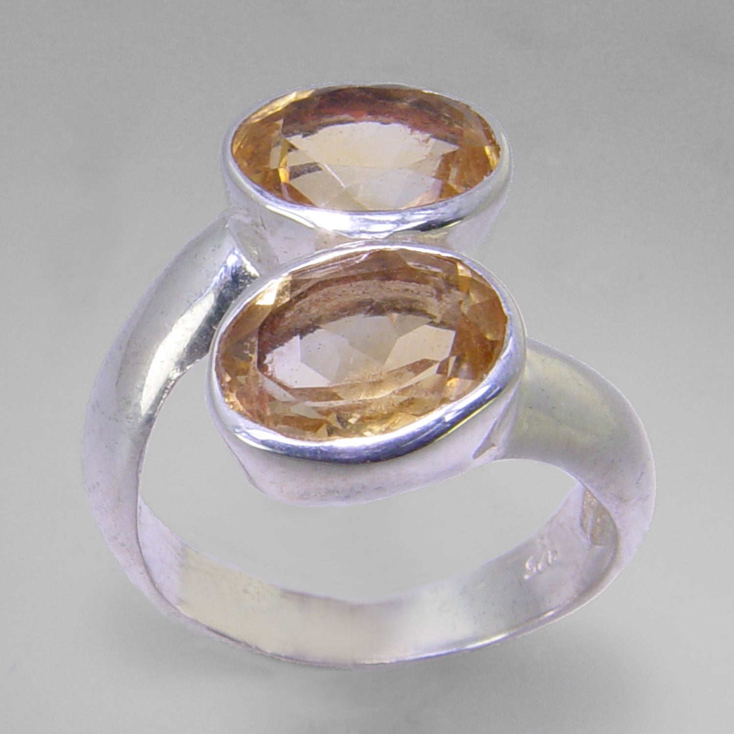 Citrine 5 ctw Faceted Oval (2)Bezel Sterling Silver Offset Ring, Size 8.5