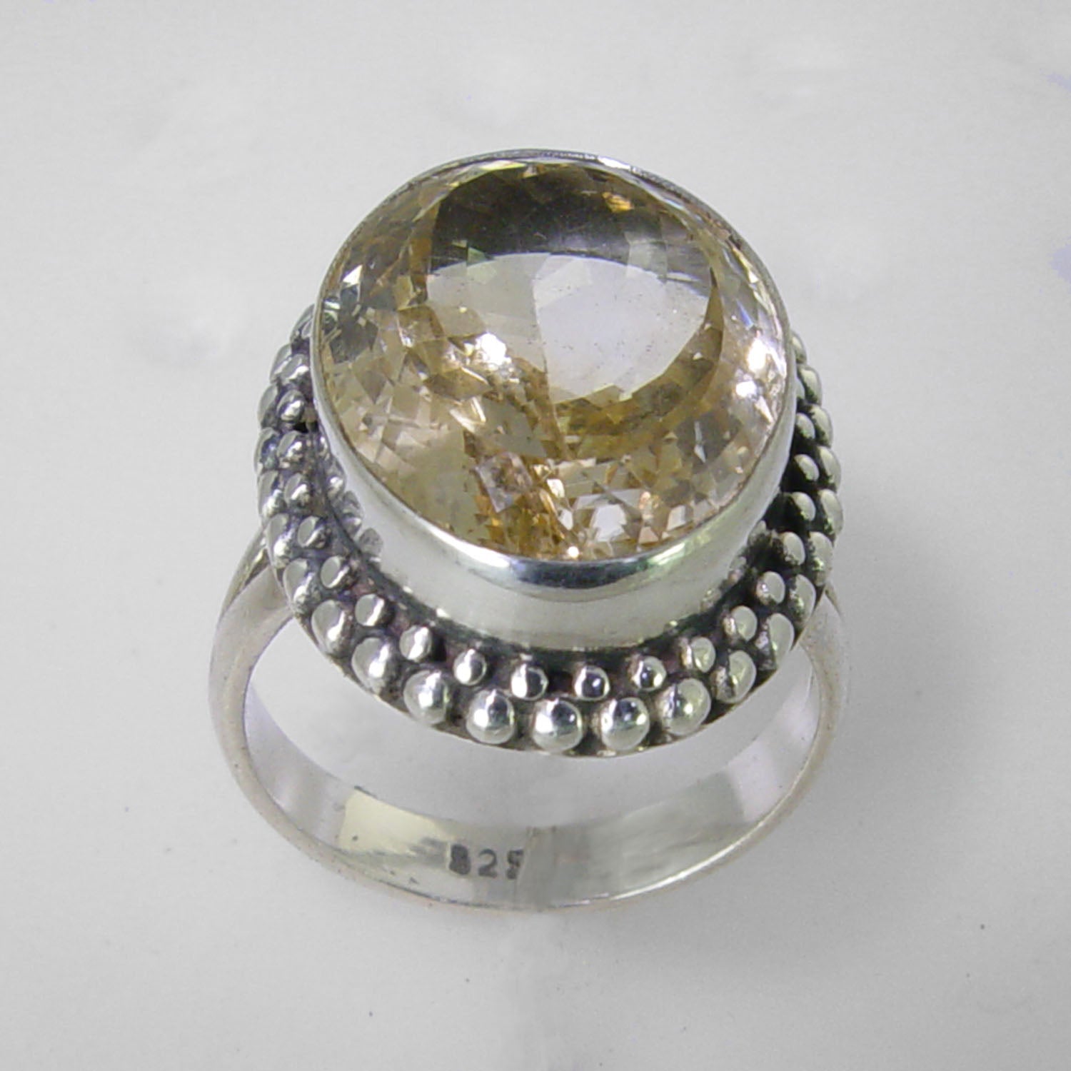 Citrine 17 ct Oval Bezel Set Sterling Silver Fancy Scroll Split Shank Ring, Size 8.75