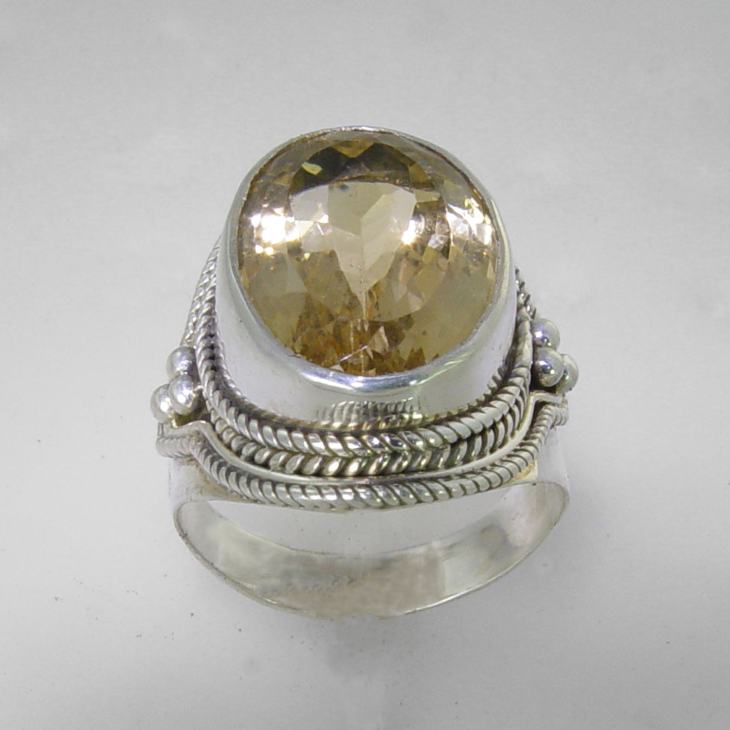 Citrine 17 ct Oval Bezel Set Sterling Silver Fancy Wire Beaded Shank Ring, Size 8