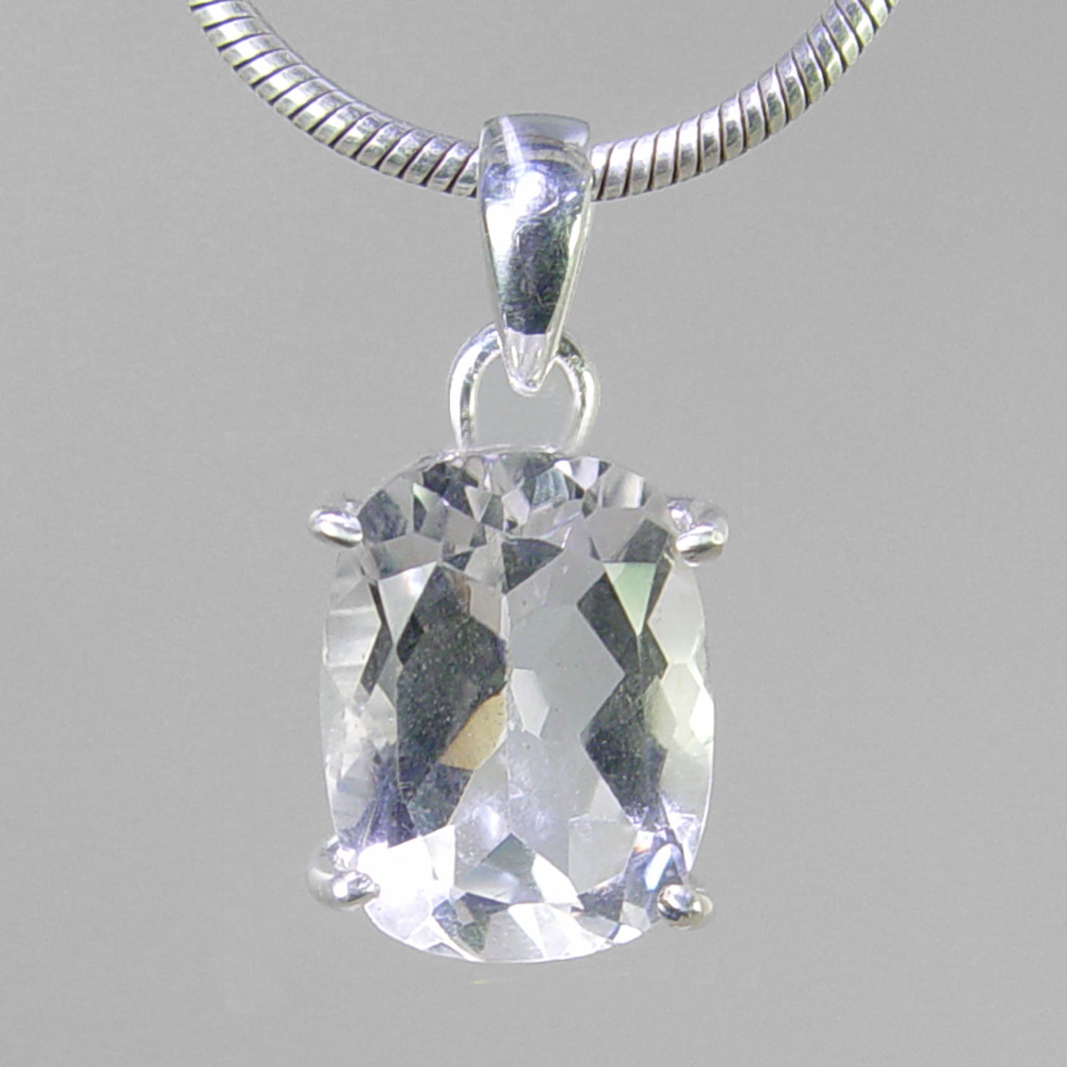 Crystal Quartz  10.1 ct Faceted Antique Emerald Shape Sterling Silver Pendant