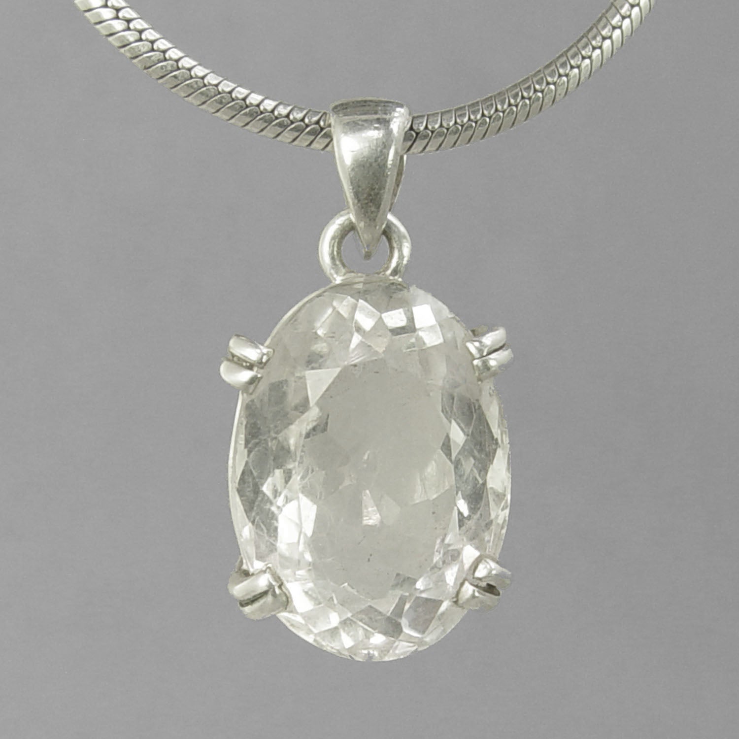 Crystal Quartz 13 ct Oval Prong Set Sterling Silver Pendant