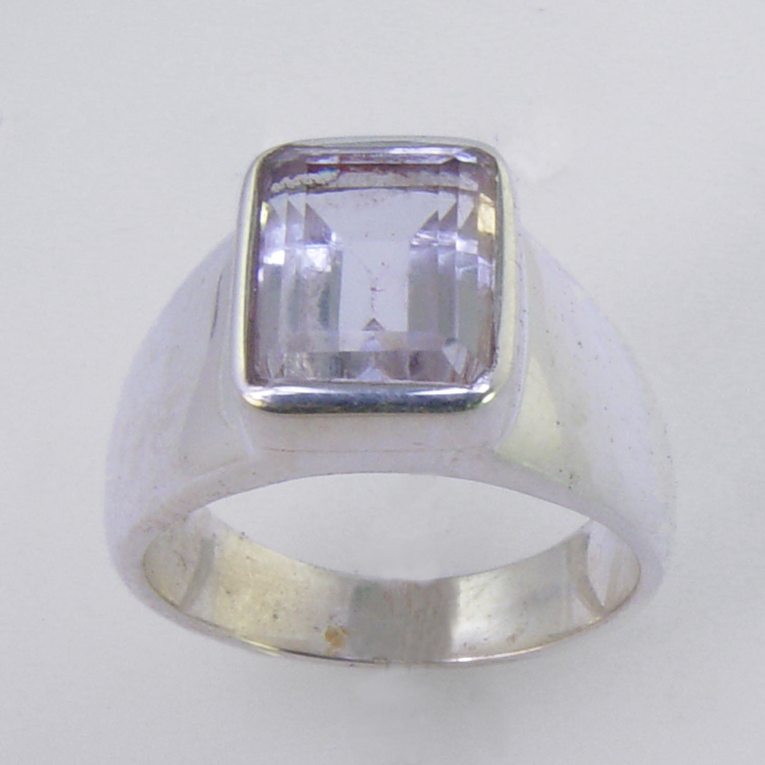 Quartz Crystal 3.2 ct Faceted Emerald Bezel Set Sterling Silver Ring, Size 8