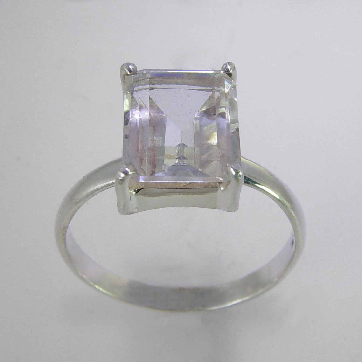 Quartz Crystal 3.9 ct Faceted Emerald Sterling Silver Ring, Size 9.75