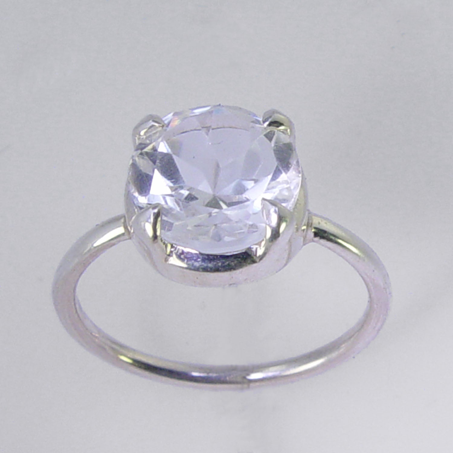 Quartz Crystal 3.3 ct Faceted Round Sterling Silver Ring, Size 9