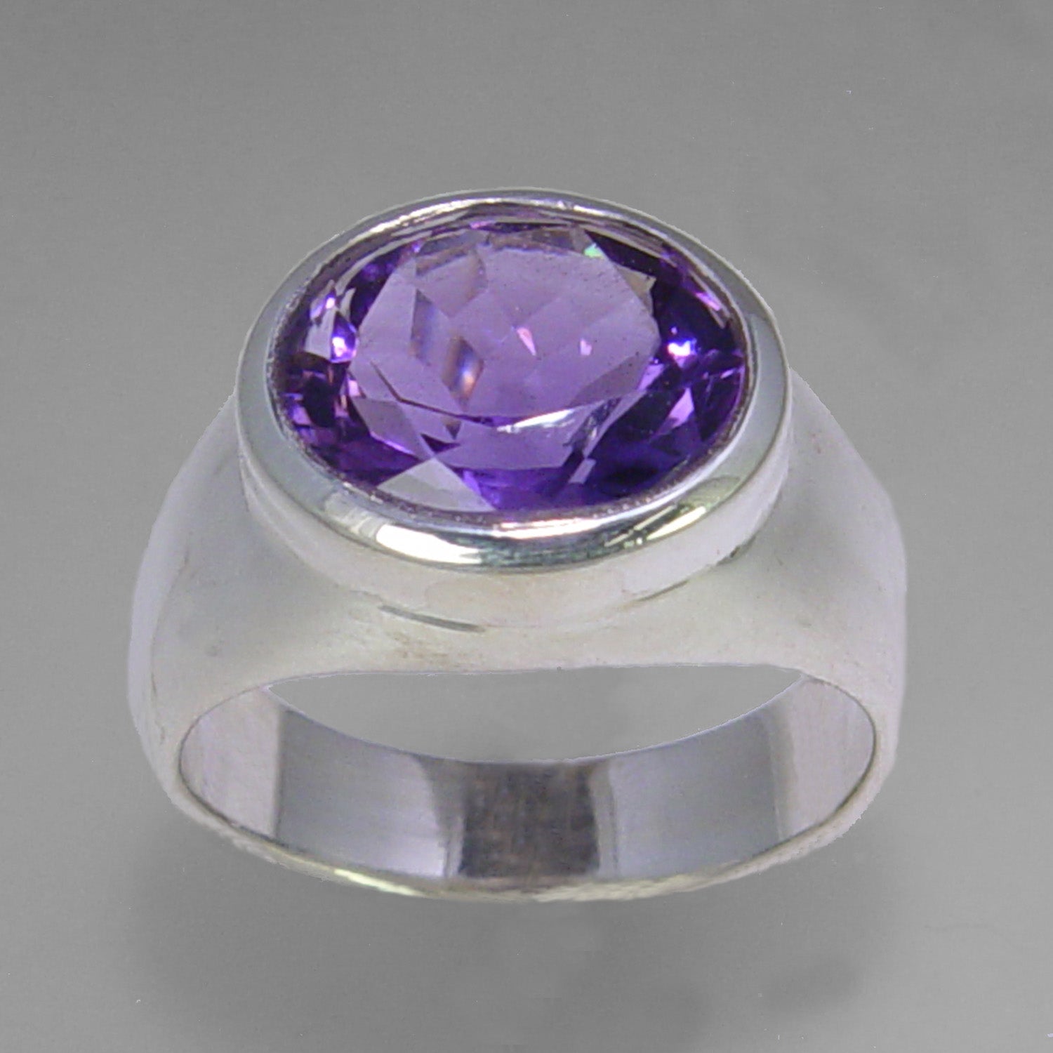 Amethyst 5.2 ct Oval Bezel Set Sterling Silver Ring, Size 7.75
