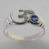 Aum Ring with Small Faceted Blue Sapphire in Sterling Silver, Size 7.5