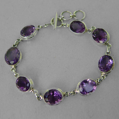 Amethyst 4 Faceted Ovals Bezel Set Sterling Silver Link Bracelet - 17 CTW
