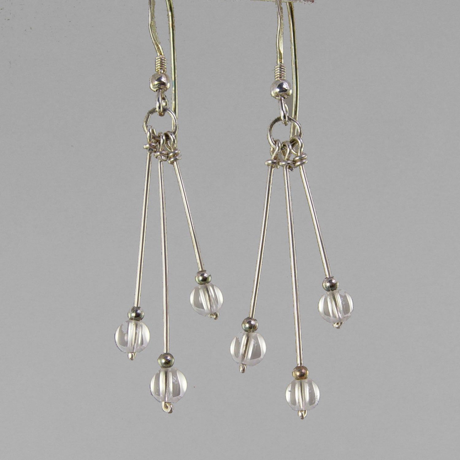 Quartz Crystal Earrings - Long Triple Faceted Bead Dangle