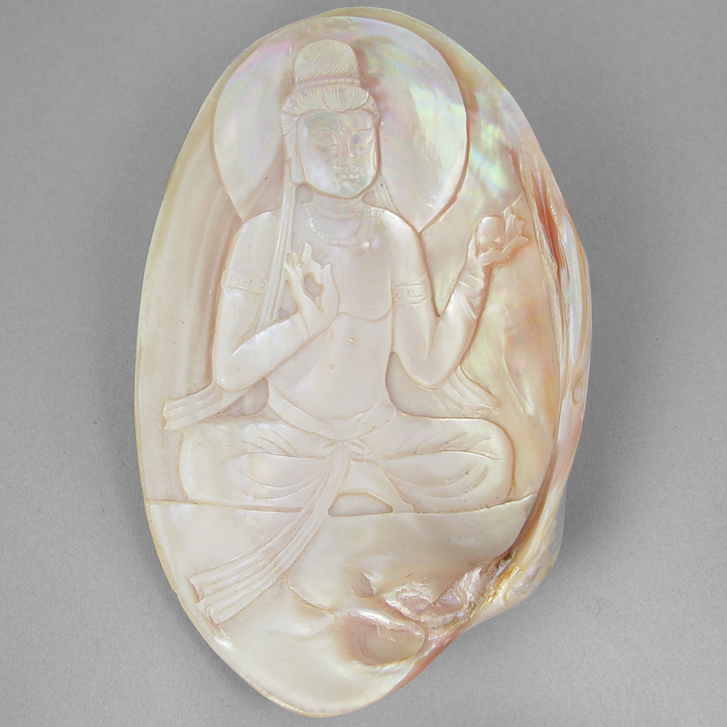 Mother of Pearl Bodhisattva Carved on Pink Mollusk Shell