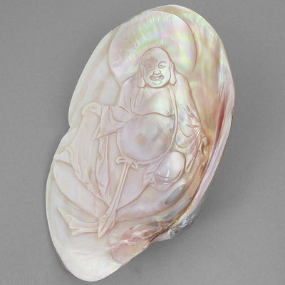 Mother of Pearl Buddha Carved on Pink Mollusk Shell