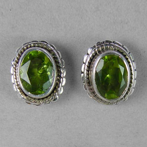 Peridot Faceted Oval Fancy Bezel Post Sterling Silver Earrings